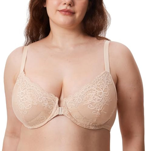 Delimira Women's Front Fastening Bras Lace Unlined Full Coverage Plus Size Sheer Plunge Underwire Bra Beige 38F
