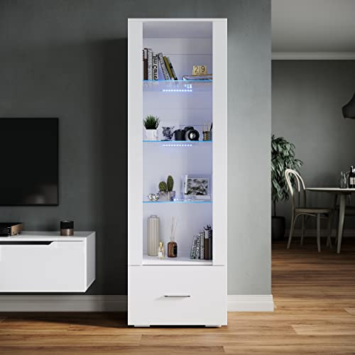 SONNI glasvitrinskåp med LED, 4 hyllor, 1 låda, 55 x 35 x 172 cm, vit | Vardagsrum vitrinskåp, högblank front, stående vitrinskåp, samlarvitrinskåp för vardagsrum, matsal, sovrum