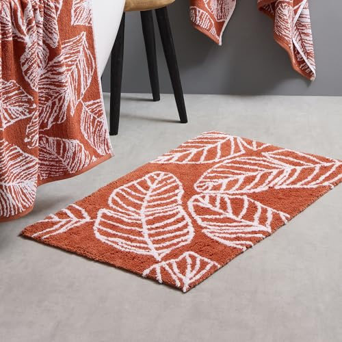 Fusion - Terracotta Leaf Bath Mat (50 x 80cm) - 100% Cotton - Super Soft - Tropical Palm Leaves Bathroom Mat/Toilet Mat in Orange - Absorbent - Terracotta Bathroom Accessory - Matteo Collection