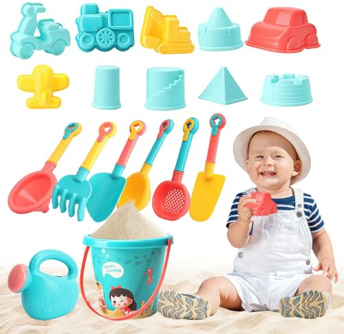 Koolbitz 18 Piece Beach Toy Set, Sand Toys with Bucket, Watering Can, 8 Sand Moulds, 6 Tools, Sifter and Shovels - BPA-Free Sandbox Play Kit for Toddlers and Kids Ages 3+ Years