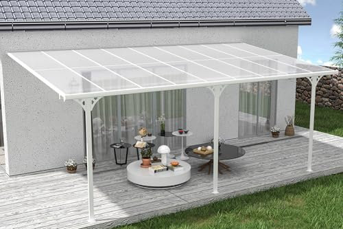 Cazeboo Carport Abri Voiture Toit Terrasse KLEO – 16,5 m² 5,5x3 m Aluminium Blanc Polycarbonate Anti-UV – Pergola adossée Robuste Anti-Rouille – Protection Pluie Neige Soleil – 550 x 300 cm