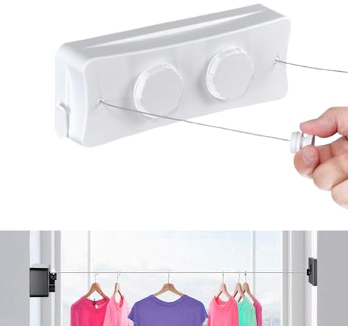 JINYOMFLY Corde à Linge Rétractable pour Balcon, 2 x 5,1M Acier Inoxydable Fil a Linge Extérieur Retractable, Etendoir Linge Exterieur Retractable, Corde à Linge Murale Intérieur