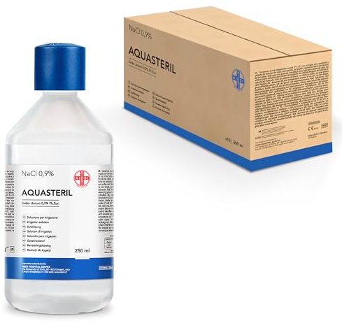 AIESI® Solución salina fisiológica para lavado e irrigación nasal 500 ml estéril con tapón resellable AQUASTERIL (Envase de 10 piezas), Cloruro de sodio 0,9%