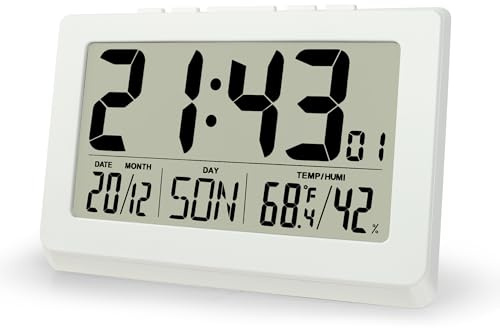 Lafocuse 10 LCD Large Display Digital Clock, Wall Mounted and Desktop, Battery Operated Electronic Clocks with Date, Day, Temperature, Snooze Function for Elderly, Living Room Bedroom Office, White