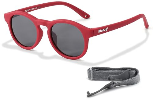 Maesy Gafas de Sol Niño 1-3 Años - Lentes Polarizadas UV400 Categoría 3 - Montura Flexible con Correa Ajustable - Diseño Redondo, Seguras y Cómodas - Bowi, Rojo