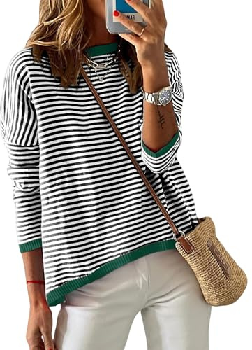 Wayleb Jersey Mujer de Punto A Rayas Manga Larga Cuello Redondo Suéter Ligero Pullover Casual Elegante Cmodo Tops Suaves Cálido para Otoño Invierno S-XXL