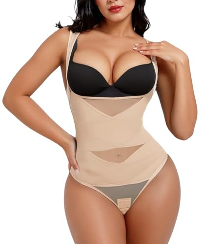 Fiohiros Shapewear Bodysuit for Women Open Bust, Breathable Shapewear Tummy Control Bodysuit, Mesh Shaping Bodysuit with Waist Trainer (Nude, L)