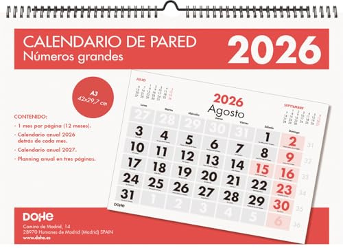 Dohe - Calendario Pared 2026-12 Meses Enero a Diciembre, Mes Vista, A3 (42x29,7 cm), Espiral Doble, Idioma Español, Números Grandes, Planning del Año, Papel Grueso 120 gr/m²