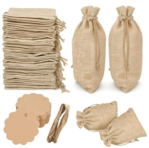 30 Bolsas de Arpillera con Cordón, Bolsitas de Yute Pequeñas con 50 Etiquetas de Bricolaje, Bolsas Tela Regalo Pequeñas Reutilizables, Bolsitas para Joyas, Boda, Fiesta, Manualidades, DIY, 9 x 12 CM