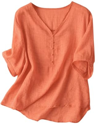 Generisch Blusa de lino para mujer, camisa de lino de verano, de algodón, manga corta, cuello en V, túnica, holgada, transpirable, informal, A32