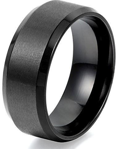 JewelryWe Anillo de Hombre Mujer Unisex, 8mm Anillo Clásico de Boda Compromiso, Acero Inoxidable,Color Negro, Estilo Mecánico Minimalista，Talla 9, Regalo para Navidad