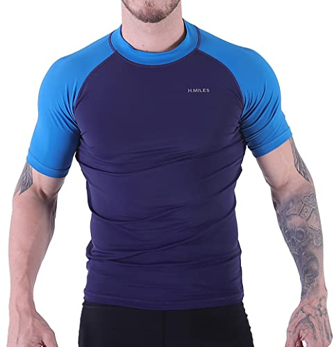 H.MILES Kortärmad rashguard för vuxna män, baslager för simning, snorkling, surfing, toppar, t-shirt för dykning och strand, Dk Marinblå/Dk Blå, S