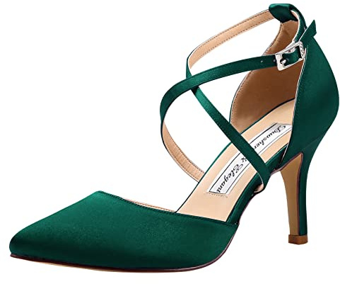 Duosheng & Elegant HC1901 Mujer Dedo del pie Puntiagudo Tacón Alto Zapatos de la Corte Correa Cruzada Satín Zapatos de Novia para Fiesta de Bodas Verde Oscuro EU 40