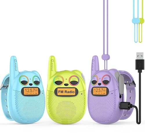 QNIGLO Q136 Walkie Talkie Niños Recargable 3 Unidades,Radio FM 2 Km Alcance Ojos LED Parpadeantes Correa Portátil de Reloj,Montar en Bicicleta Acampar Correr,Mejor Regalo Juguete(AzulVerdeVioleta)