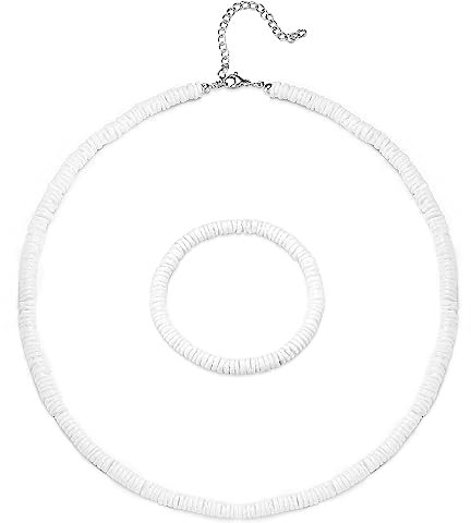 Morfetto Puka Muschel Halskette Armband Set Weiße Muschel Halskette Strand Muschel Halskette Armband Hawaiian Surfer Armband Halskette Pookah Muscheln Halskette für Männer Frauen 14 Zoll