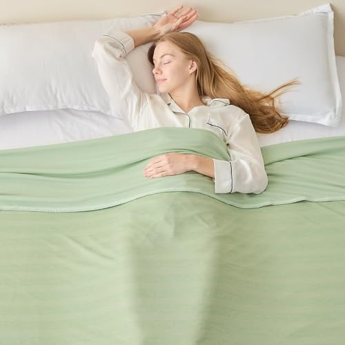 EMME Kühldecke Kühlende Decke, Arc-Chill Q-Max>0,5, 230 x230 cm, 2 in 1 Doppelseitige Dünne Sommerdecke, Leicht Atmungsaktiv Tagesdecken, Sofa Decken,Bettüberwurf Groß Kuscheldecke,Grün Gestreift