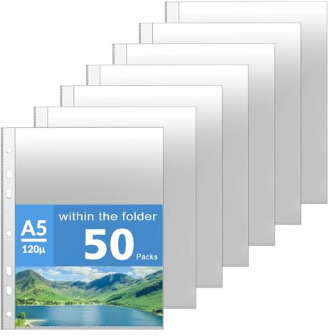 AOBOPLE 50 Stück Klarsicht Aktenhüllen, Prospekthüllen A5, 120µ Kunststoff Klarsichthüllen A5, Glasklar Fotohüllen für Aufbewahrung von Papier, Akten & Dokumenten
