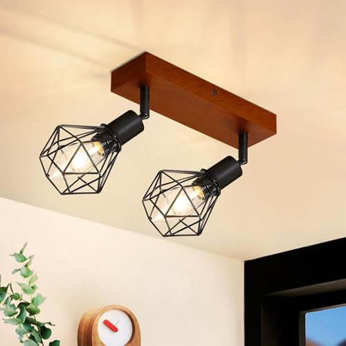 Glitzerlife Deckenstrahler 2 Flammig Deckenlampe Vintage - Deckenleuchte Schwarz Holz Denckenspots E14 Retro Metall Schwenkbar 350° für Flur Küche Schlafzimmer MAX.25W Ohne Leuchtmittel