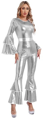 Msemis 70-tals discopatkostym för kvinnor, långärmad glänsande jumpsuit, overall, bodycon bell, flare-byxor, karnevaldräkt, karneval