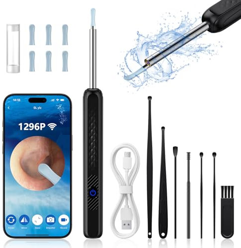 GlasFlength Otoscopio Limpiador de Oidos, 1296P HD 3,6mm Limpiador Oídos WiFi Limpia Oidos Kit con 6 Luces LED Ear Cleaner Adultos para Eliminación de Cerumen compatible con Android e IOS (Negro)