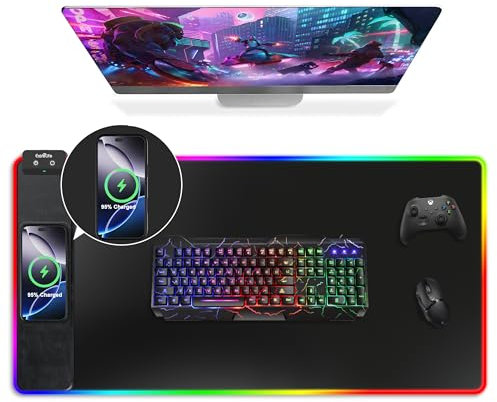 Mouse Pad with Wireless Charging, RGB Gaming Mousepad, Large Desk Mat with Ultra-Smooth Surface, Non-Slip Mouse Mat, Waterproof Computer Keyboard Pad for Gaming, Desk, Office, PC, 800x400x4MM, Black