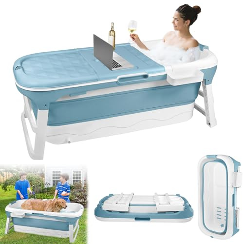 XINZI Vikbart badkar för vuxna, 128 x 62 x 52 cm, fällbart lock, massagerullar, tvålkorg, mobilt, små badrum, spa