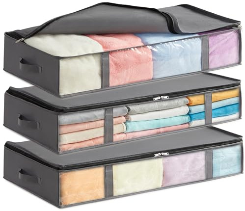 Lifewit Bolsas de Almacenaje para Debajo de la Cama, Cajas para Guardar Ropa con Ventana Transparente Frontal, Organizadore Armario para Toallas, Mantas, Gris, 75 L, 3 Piezas
