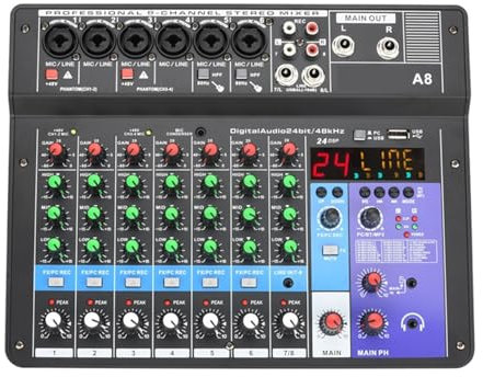 Mezclador de DJ, Mesa De Mezclas De Sonido For DJ De 8 Canales, Mezclador De Audio Con Efecto 24 DSP, PC, Grabación De Reproducción USB, Consola Mezcladora De Controlador De 48V A8, Decks de DJ
