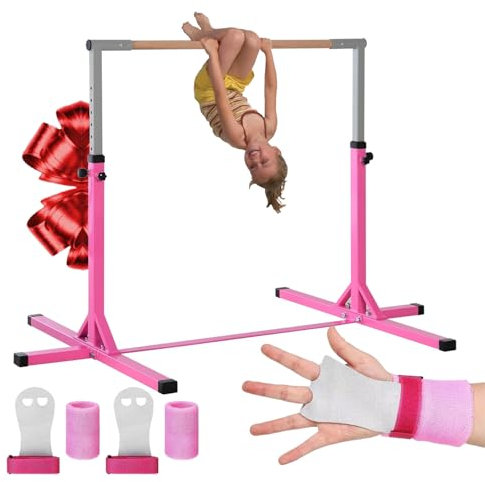 Gym Bar Barre Fixe de Gymnastique pour Enfant Rose | 13 Niveaux Ajustables de 90 à 150 cm | En Acier et Bois Massif en Hêtre | Kit de Protection Offert | Usage Intérieur Extérieur | Aerobik