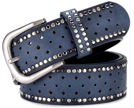 Jalach Cinturón con remaches para mujer, con agujero en estrella, cinturón ancho de piel, cinturón vaquero acortable, cinturón de piel con remaches, azul oscuro, Talla única