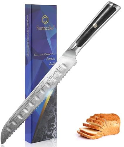 Sunnecko 8 Inch Damascus Serrated Bread Knife for Homemade Bread | Serrated Knife 73 Layers Japanese Damascus VG-10 Steel Core and Full Tang G10 Handle