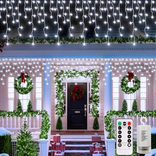 DBFAIRY Luces de Navidad de Carámbano para Exteriores, 6M 300 Luces LED de Carámbano Decorativas Funciona con Pilas con Control Remoto Luces de Cadena Cortina Impermeables para Ventana Cenador Balcón