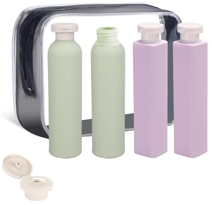 Qiblaou 4 Pièces kit de voyage 260ml hygiène complet Rechargeable avec couvercle rabattable kit de voyage Conteneur de shampoing voyage pour shampoing, lotion, articles toilette