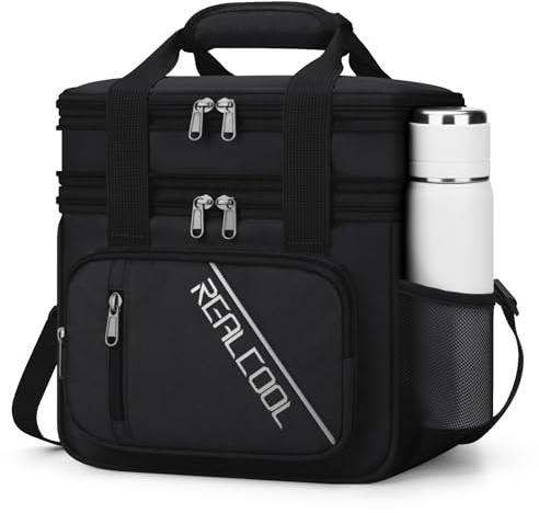 RealCool Lunch Bag, Insulated Lunch Box for Men Women, Double Deck Leakproof Soft Cooler Bag with Adjustable Strap, Reusable Lunchbox for Work, Travel, Camping (Black)