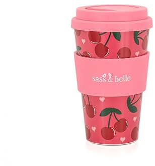 Sass & Belle Cherry Travel Coffee Cup – Reusable Coffee Mug with Lid – Eco-Friendly RPET, Cute Travel Mug – Sass and Belle Gift for On-The-Go Drinking