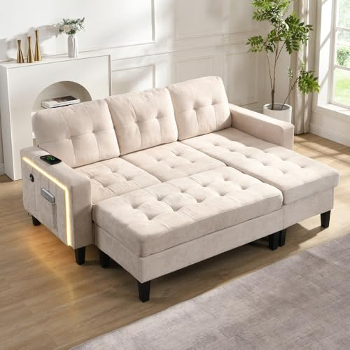 Divano angolare convertibile a LED, divano a 3 posti, divano letto a 3 posti, con poggiapiedi mobile extra large divano a forma di L, tre posti + combinazione poggiapiedi due, beige