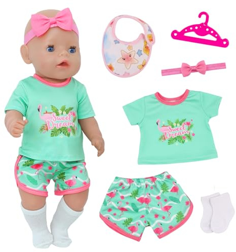 6 Pcs Baby Doll Clothes for 14-18 Inch Baby Dolls, Famingo Newborn Baby Clothes with 1 Top 1 Shorts 1 Bib 1 Bow Hairband 1 Socks 1 Hanger, Summer 35-45cm Doll Clothes Outfits for Kids Birthday Gift