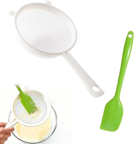 Sekfpnk Vit plastsil, utrustad med grön silikonskrapa, plastsil med 14 cm diameter, lämplig för filtrering av yoghurt, frukt, sojamjölk och grönsaker