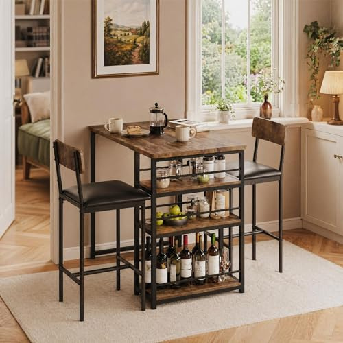 GarveeMore Breakfast Bar Table and Chairs Set for 2, Kitchen Dining Table with Upholstered Bar Stools & 3 Storage Shelves, 2 Seater Pub Set for Small Spaces, Flats & Studios, Rustic Brown