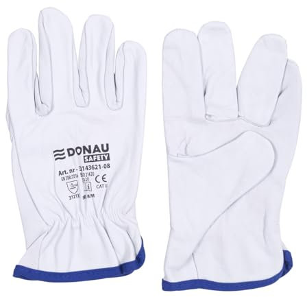 DONAU SAFETY Premium Arbeitshandschuhe Driver aus Ziegenleder / 1 Paar/Größe 8/M/Weiß/Lederhandschuhe mit elastischem Handgelenk/Montagehandschuhe/Handschuhe/Fahrerhandschu Schutzhandschuhe