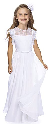 TYHTYM Blumenmädchen-Kleid, Festzug, Hochzeit, Spitzenkleid, Ballkleid, Ballkleid, Mädchen, Partykleid, Flatterärmel, Weiß Gr. (10-11 Jahre, Weiß)