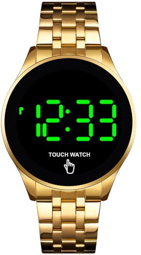 PASOY Touch Screen Digital LED Watch Green Highlight Backlight Stainless Steel WatchBand Waterproof Casual Sport Mens Womens Boys Watch (Gold)