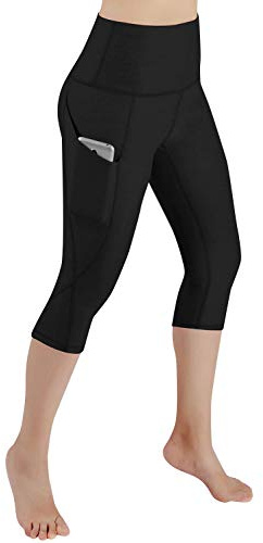 Voqeen Women's High Waist Yoga Pants Capri 3/4 Length Workout Running Leggings with Pockets Tummy Control Fitness Exercise Cropped Tights- Non-See-Through Fabric Black