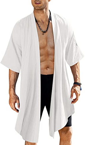 COOFANDY Men's Long Cardigan Cotton Kimono Robe Lightweight Casual Beach Drape Cape