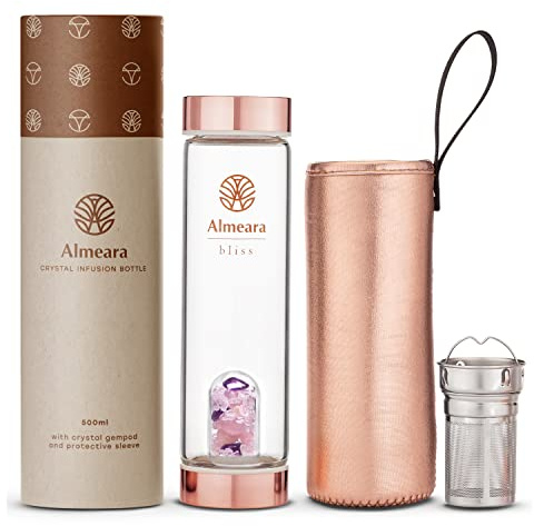 Almeara Crystal Water Bottle | Amethyst, Rose Quartz & Clear Quartz Crystals | Authentic Gemstones – Loose Leaf Tea infuser – Gem Elixir Infused Tempered Glass Water Bottle - Gift ready box - 16.9 oz