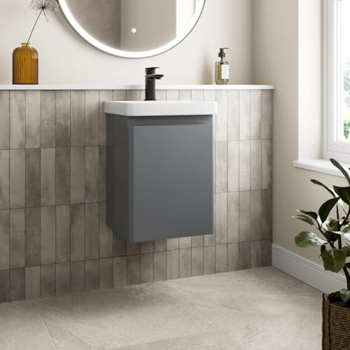 Affine® 400mm Vanity Unit Wash Basin Sink Bathroom Wall Mounted Storage Cabinet Cupboard Cloakroom, Soft Close Door, Grey Gloss