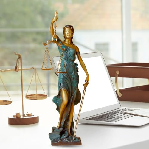 R REALONG Bronze Blind Lady Justice Statue,11 Themis Goddess of Justice- Law Figure Justice Statue Office Desk Barrister Gift. (Blue)