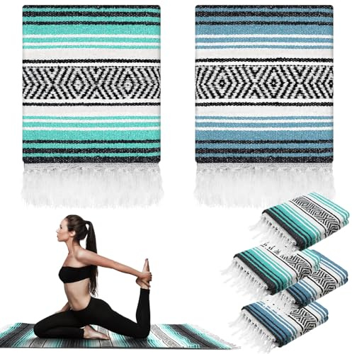 Preboun 4 Pcs Large Mexican Yoga Blanket Pack 45 x 70 Inch Thick Woven Camping Picnic Beach Car Travel Throw Blanket Outdoor Patio Mat Towel(Sky Blue, Light Green)