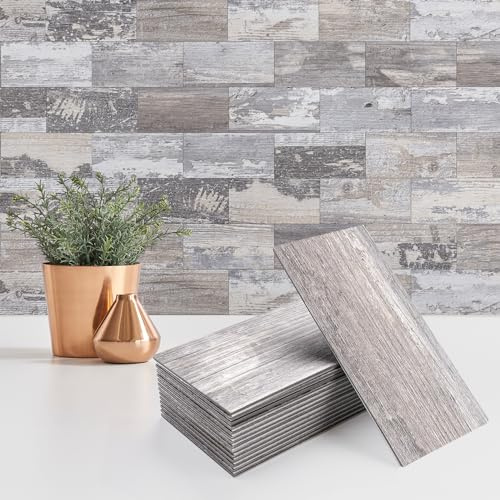 StyloVue 100 Pieces Peel and Stick Backsplash for Kitchen, 3 x 6 PVC Subway Tile Upgraded Distressed Wood Backsplash Stick on Tile Elevate Kitchen, Bathroom, Fireplace,RV