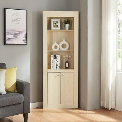 [en.casa] Eckschrank Eura Wohnzimmerschrank mit 2 Türen Hochschrank Bücherschrank Aktenschrank mit 3 offenen Ablagen Eckregal für Wohnzimmer, Büro, Flur 170x62x30cm Eiche